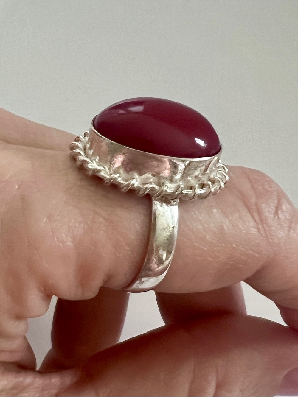 Boho Artisan Handmade Silver-Plated Ring Red Bezel Set Cabochon Vintage-Style